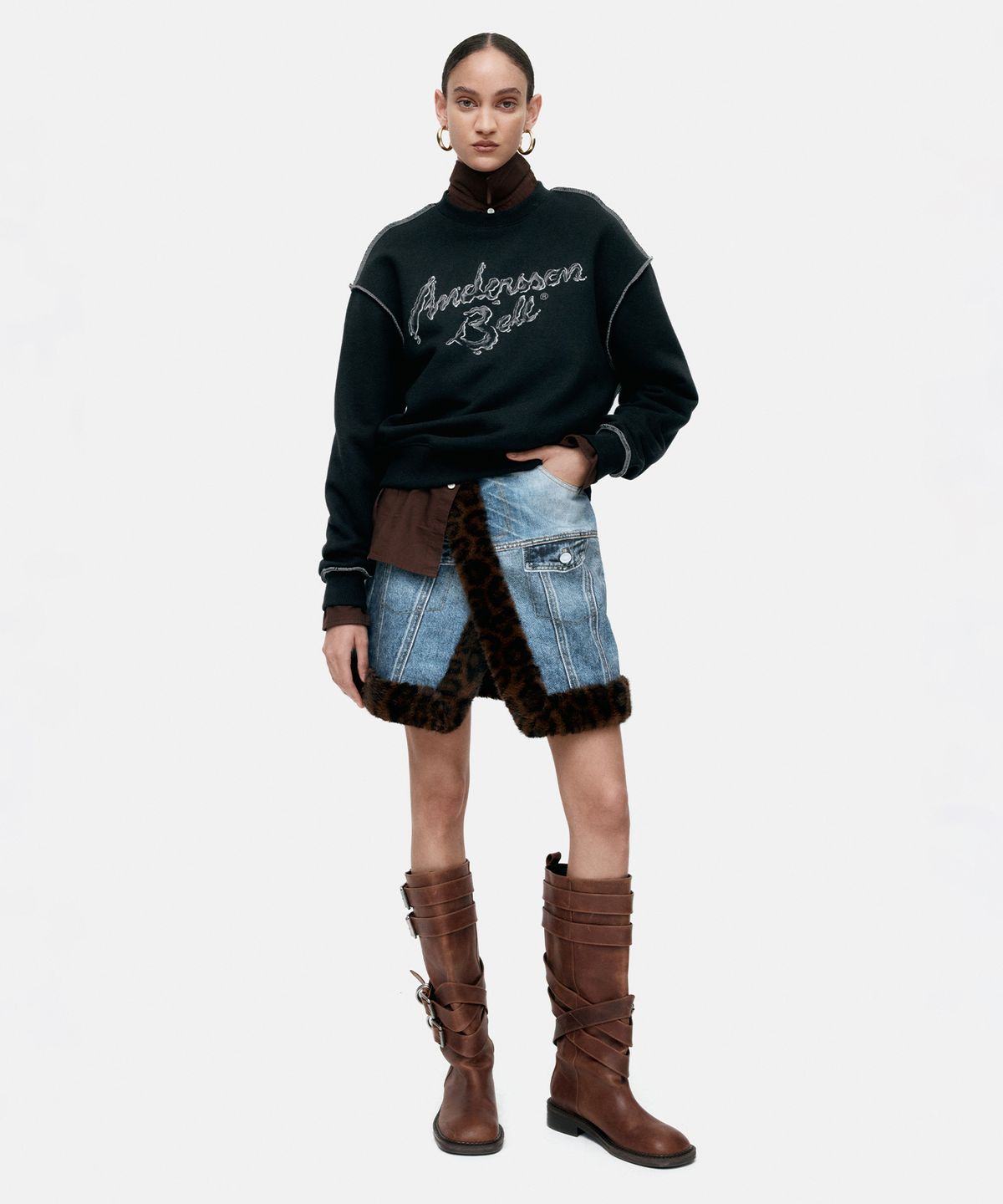 앤더슨벨(ADSB ANDERSSON BELL) FUR-EDGED DENIM PRINT SKIRT apa863w(BLUE)