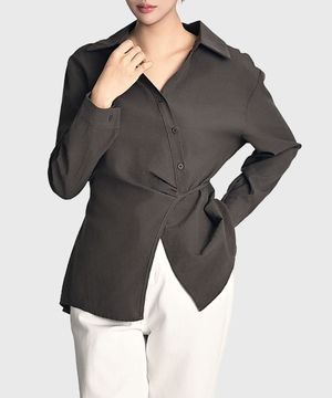 허리 사이드 리본 포인트 블라우스_차콜