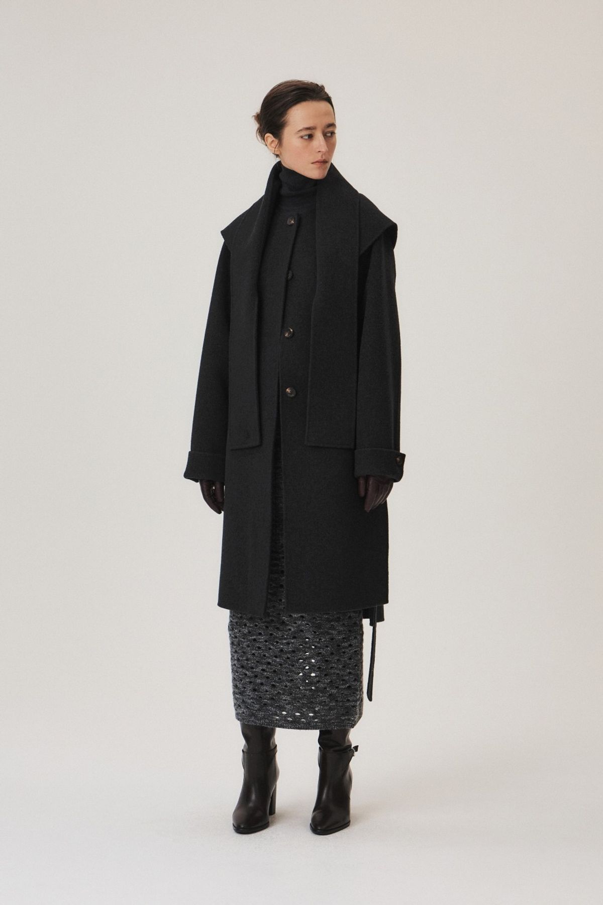 쿠메(KUMÉ) Handmade Cashmere Blend Muffler Coat, Charcoal