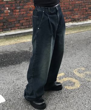 뒷밴딩 원턱 포인트 와이드 데님 팬츠[미드나잇 블루]