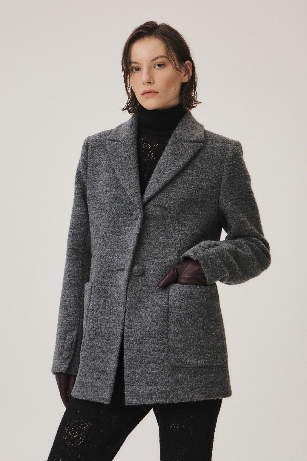 쿠메(KUMÉ) Alpaca Boucle Midi Jacket, Melange Gray