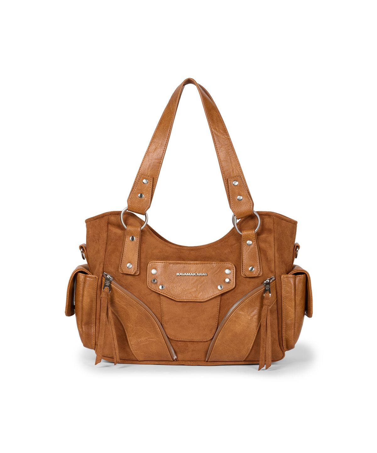 이우가마카라스(IUGAMAKARAS) Studded Suede Shoulder Bag (Camel)