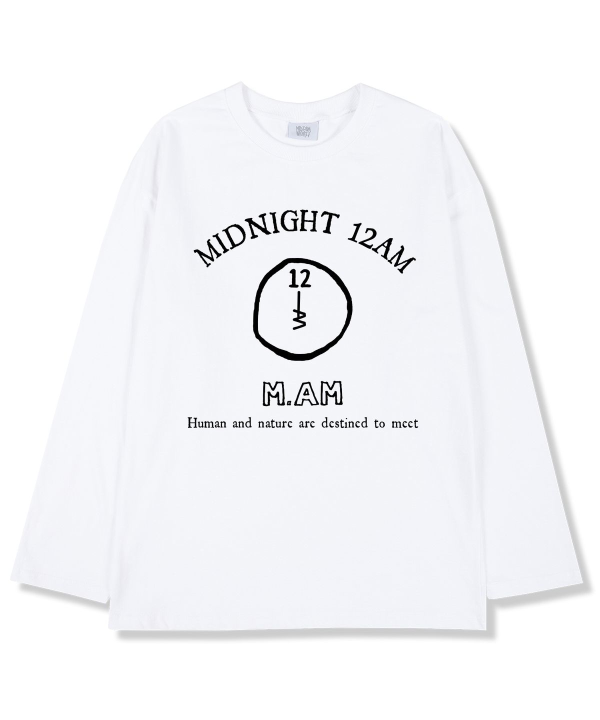 미드나잇12에이엠(MIDNIGHT12AM) 12M.AM로고 오버핏 긴팔티셔츠 화이트 (시보리선택)