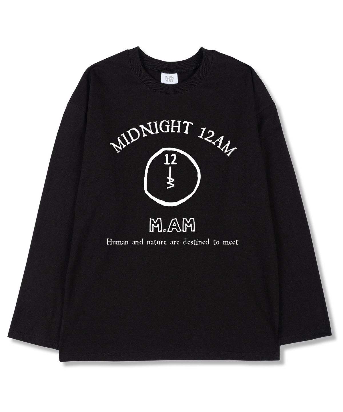 미드나잇12에이엠(MIDNIGHT12AM) 12M.AM로고 오버핏 긴팔티셔츠 블랙 (시보리선택)