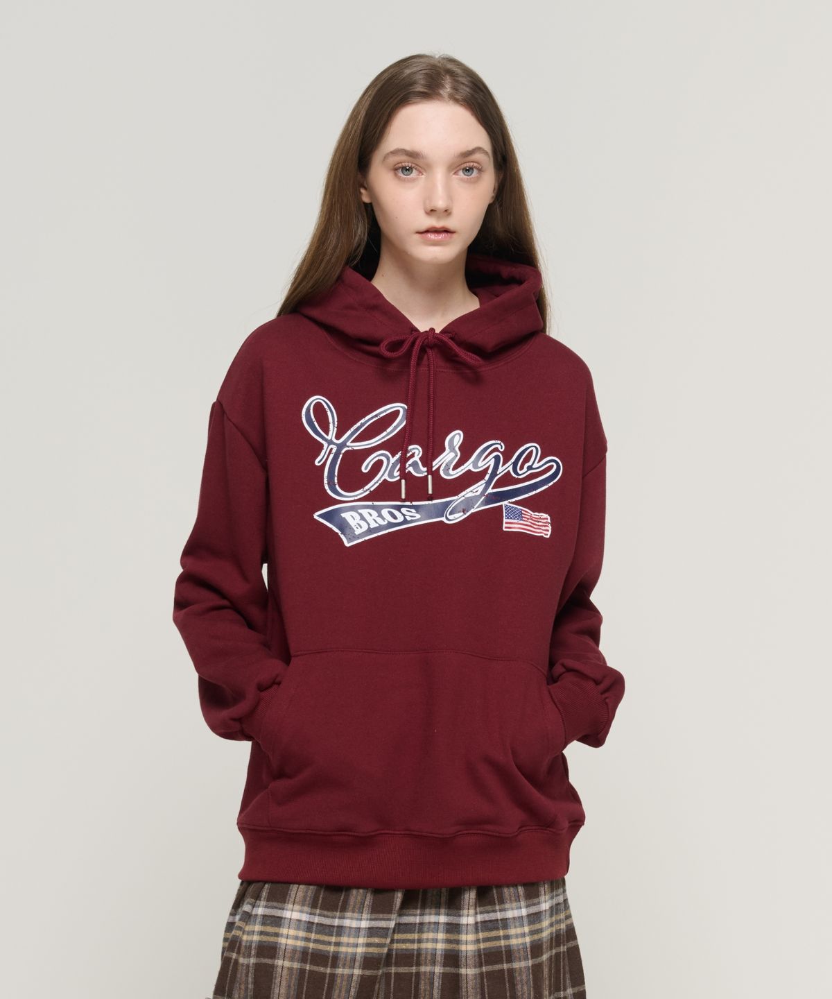 카고브로스 포 우먼(CARGOBROS FOR WOMAN) [기모선택] 빈티지 로고 후드 티셔츠 (와인)