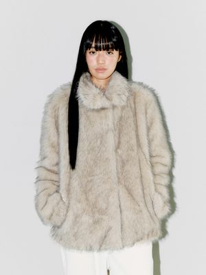 FLUFFY MIX FUR JACKET, LIGHT GRAY