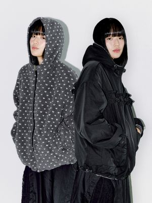 REVERSIBLE FRILL HOODED JACKET, BLACK/DOT