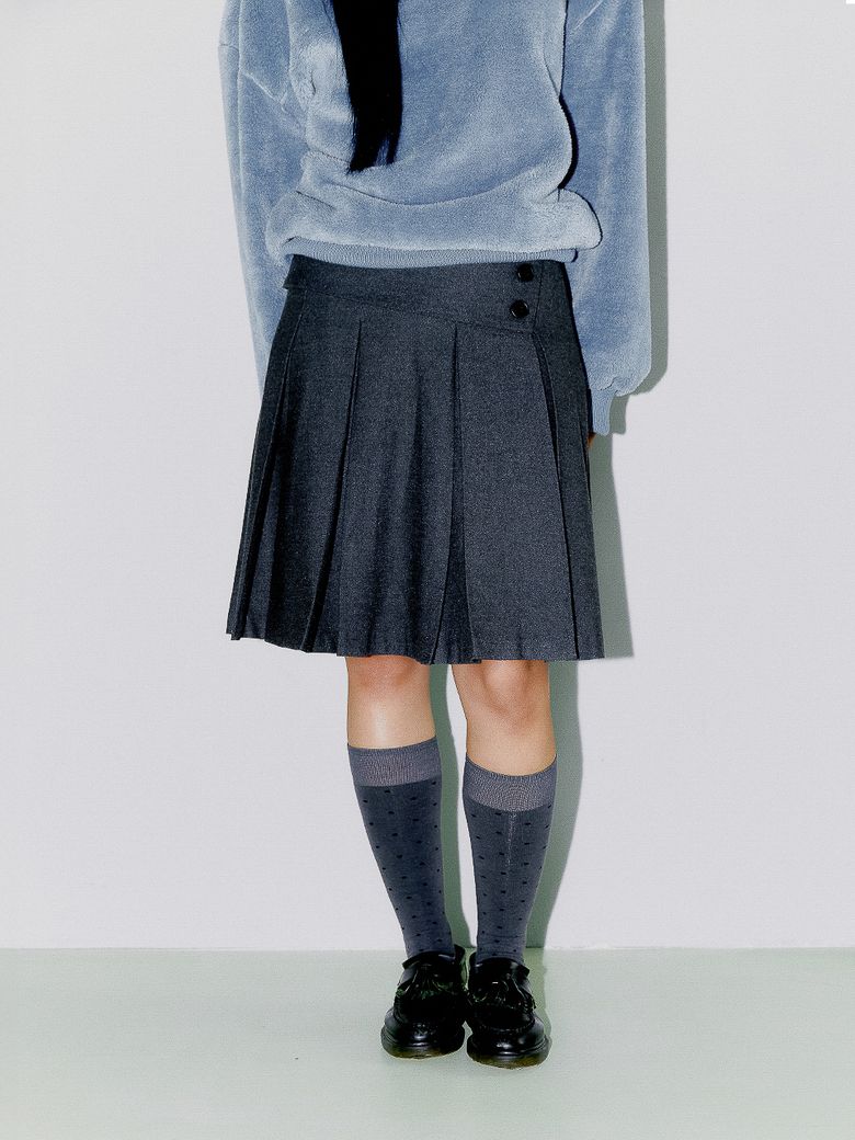 FOLDED WAIST PLEATS WOOL SKIRT, CHARCOAL