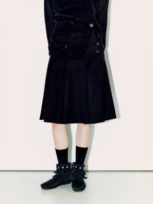 FOLDED WAIST PLEATS WOOL SKIRT, BLACK