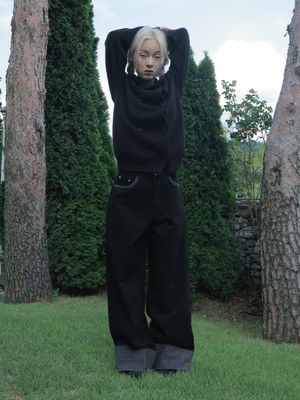 CHECK ROLL UP COTTON PANTS, BLACK