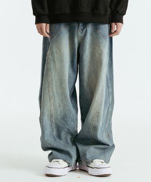 아치 절개 커브드 데님 팬츠 (블루)