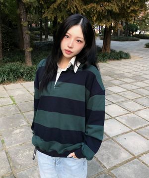옥스퍼드 스트라이프 폴로 스웨트셔츠 (그린/네이비)