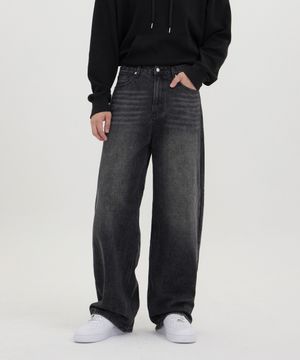 입체 곡선 백플랩 포켓 벌룬핏 와이드 데님 팬츠 유니섹스 (블랙)