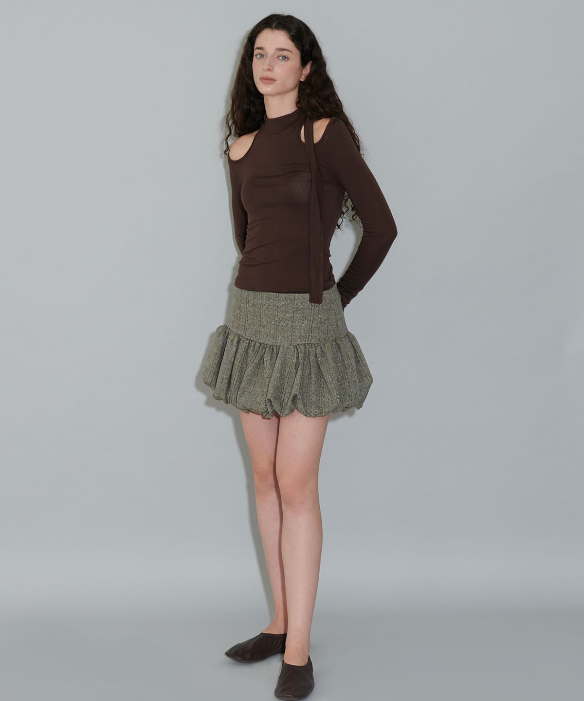 더포르타(THEPORTA) MIXED CHECK BALLOON SKIRT, GREY