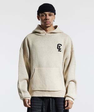 씨엘 워싱 그래픽 자카드 후드 니트 베이지