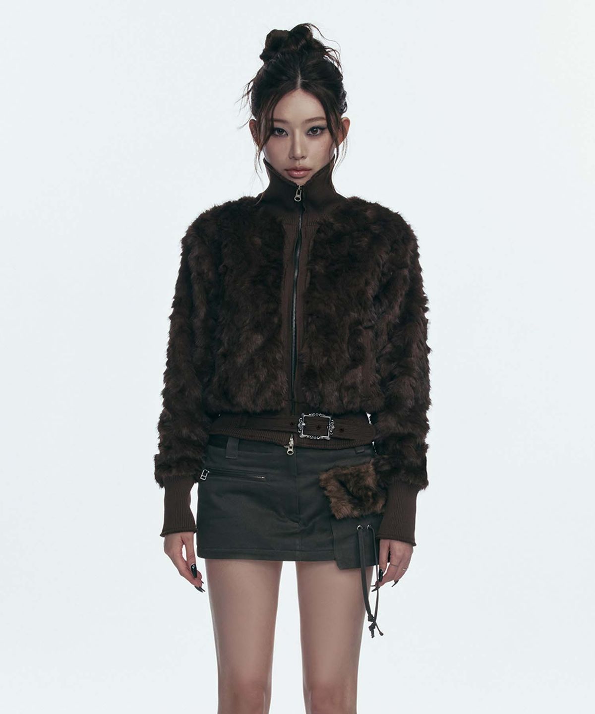 길라아카이브(GILAARCHIVE) FAUX FUR BELT ZIP JACKET_BROWN