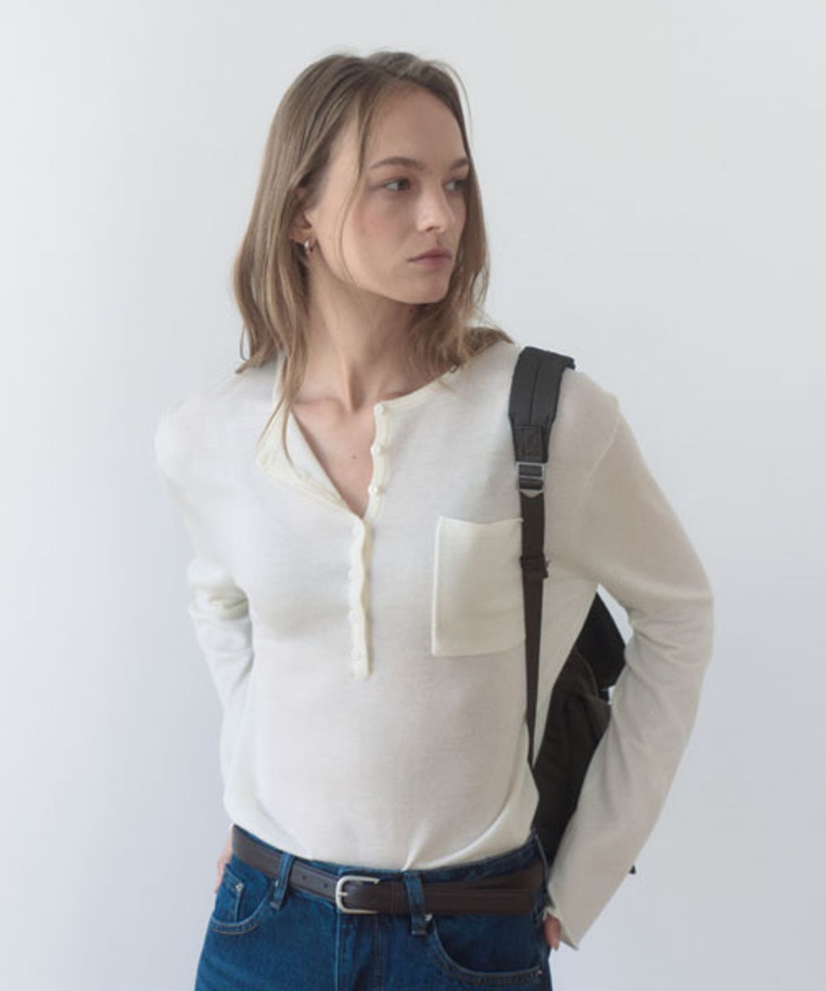 헤인트(HAINT) BOY FIT SOFT HENLEY NECK KNITWEAR_IVORY