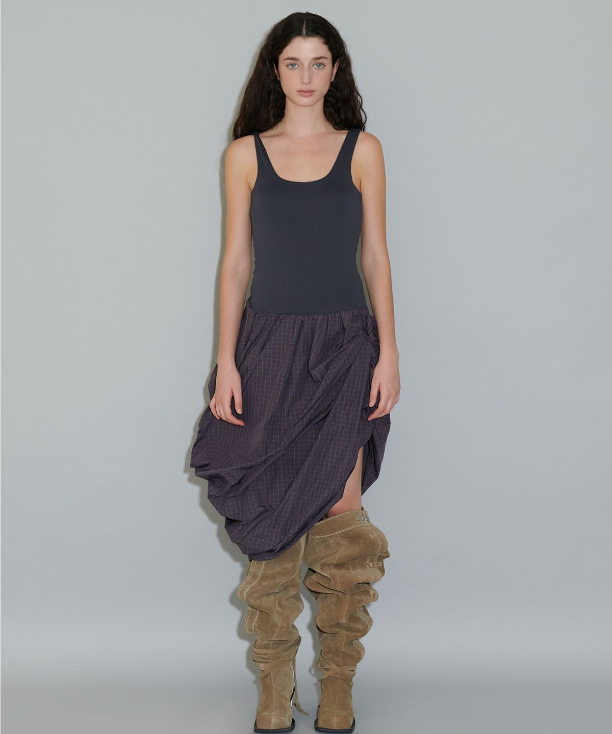 더포르타(THEPORTA) MIXED TEXTURE SLEEVELESS DRESS, NAVY