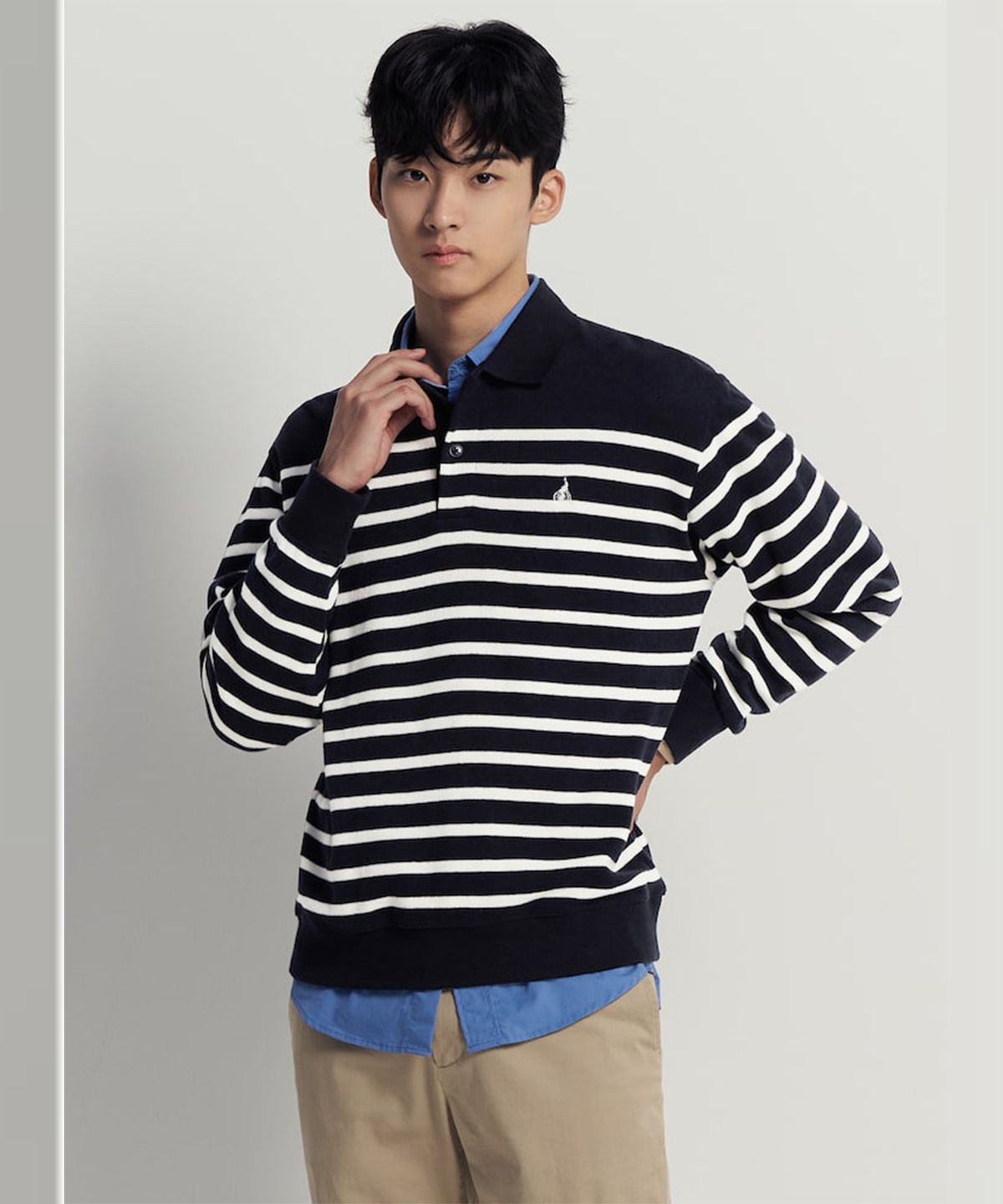 빈폴 멘(BEANPOLE MEN) 캐주얼 니트라이크 스트라이프 칼라넥 맨투맨  네이비