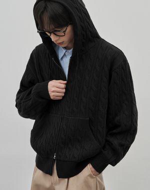 인트레 세미 오버핏 케이블 니티드 후드집업 [블랙]