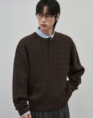코렌 세미 오버핏 케이블 헨리넥 니트 [브라운]