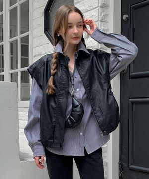 Shirring Pocket Faux Leather Zip-Up Vest