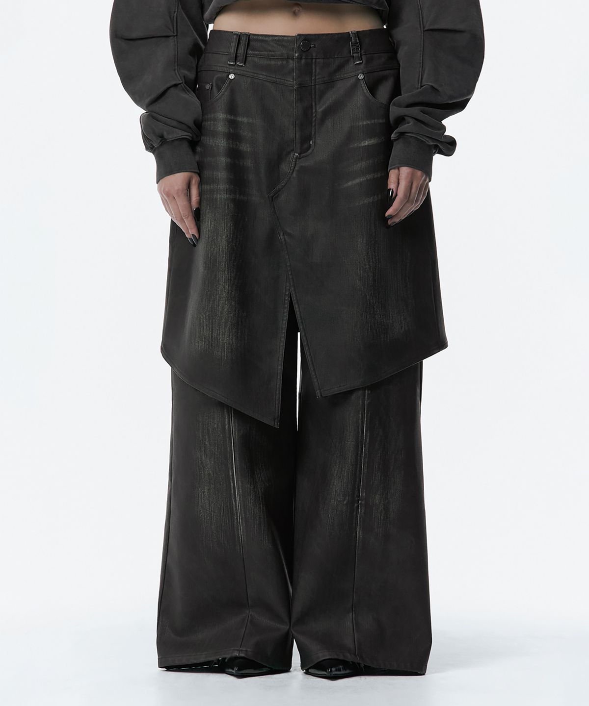 트리밍버드(TREEMINGBIRD) Layered Skirt Pants [ Dark Brown ]