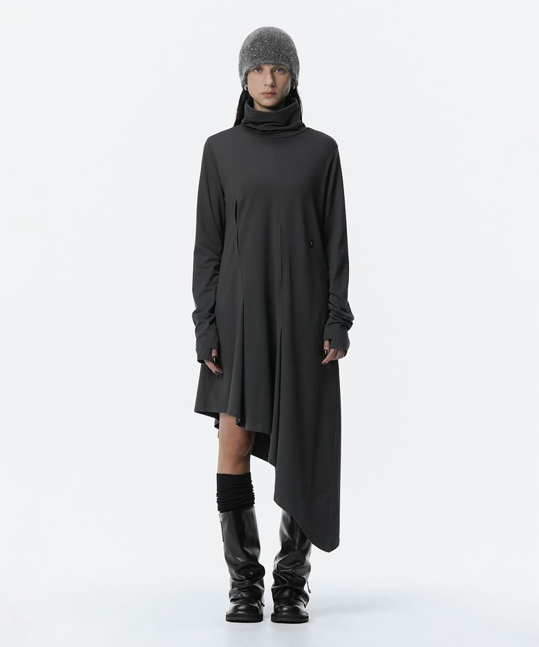 Turtleneck Pintuck Jersey One-piece [ Charcoal ]