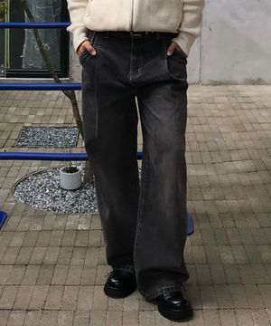 뒷밴딩 원턱 포인트 와이드 데님 팬츠[블랙]