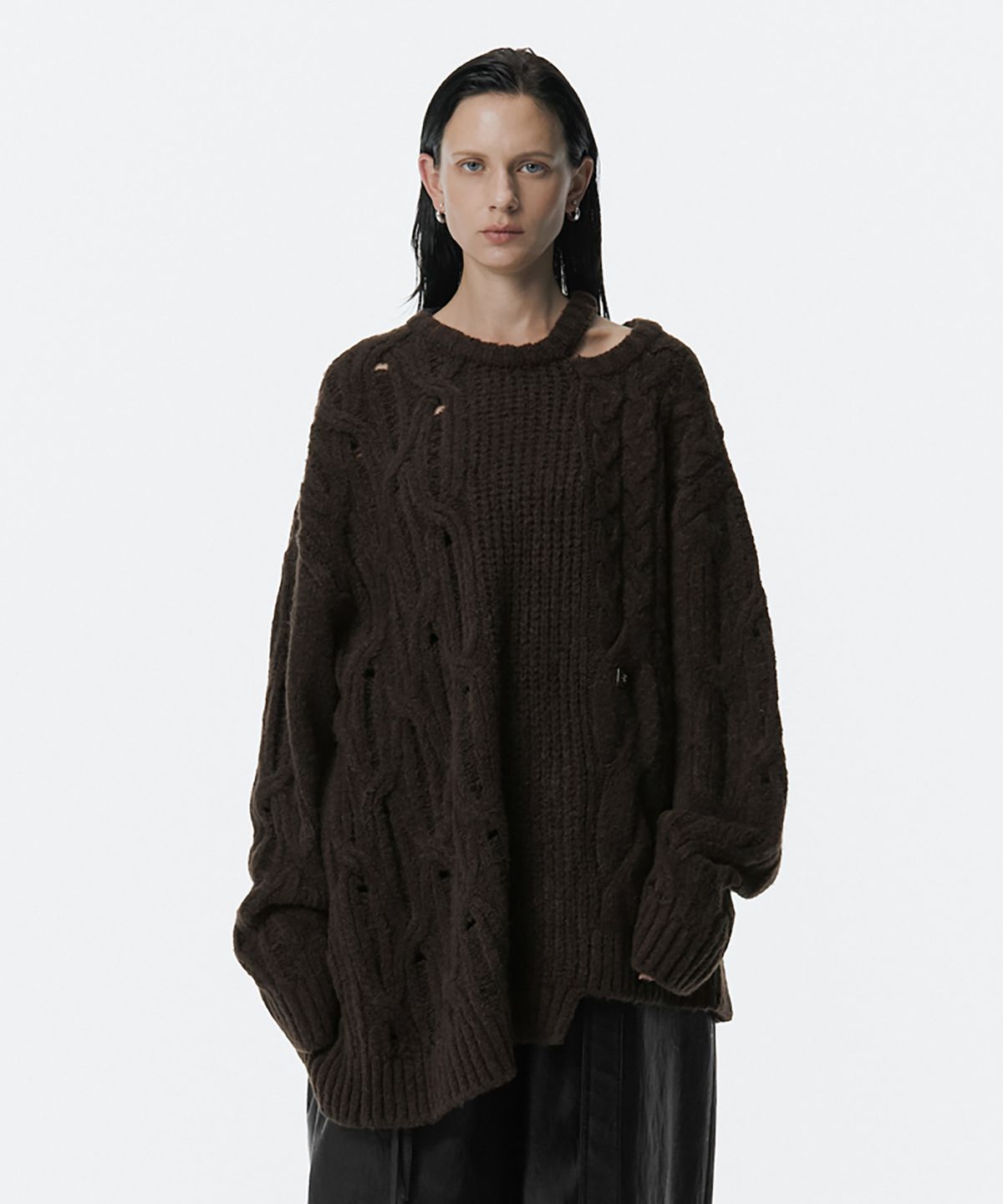 트리밍버드(TREEMINGBIRD) Mixed Cable Knit Pullover [ Khaki Brown ]