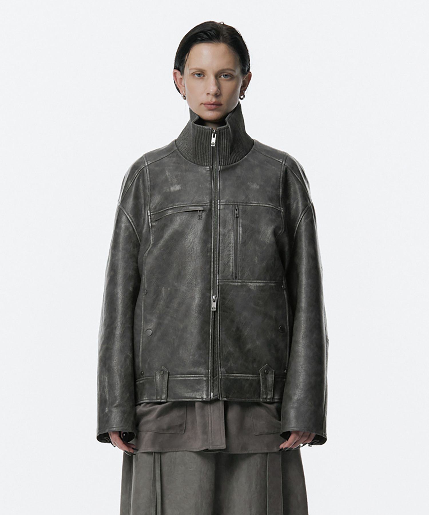 【引越限時SALE】 Treemingbird レザージャケットブルゾン MUSINSA公式 | TREEMINGBIRD Vintage Leather Bomber Jumper [ Charcoal ]
