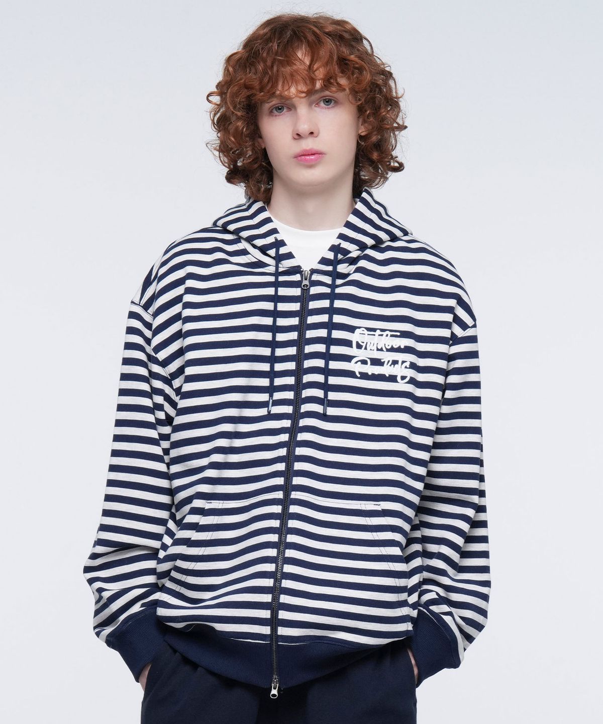 아웃도어 프로덕츠(OUTDOOR PRODUCTS) CHAIN STITICH STRIPE ZIP UP HOODIE (NAVY)