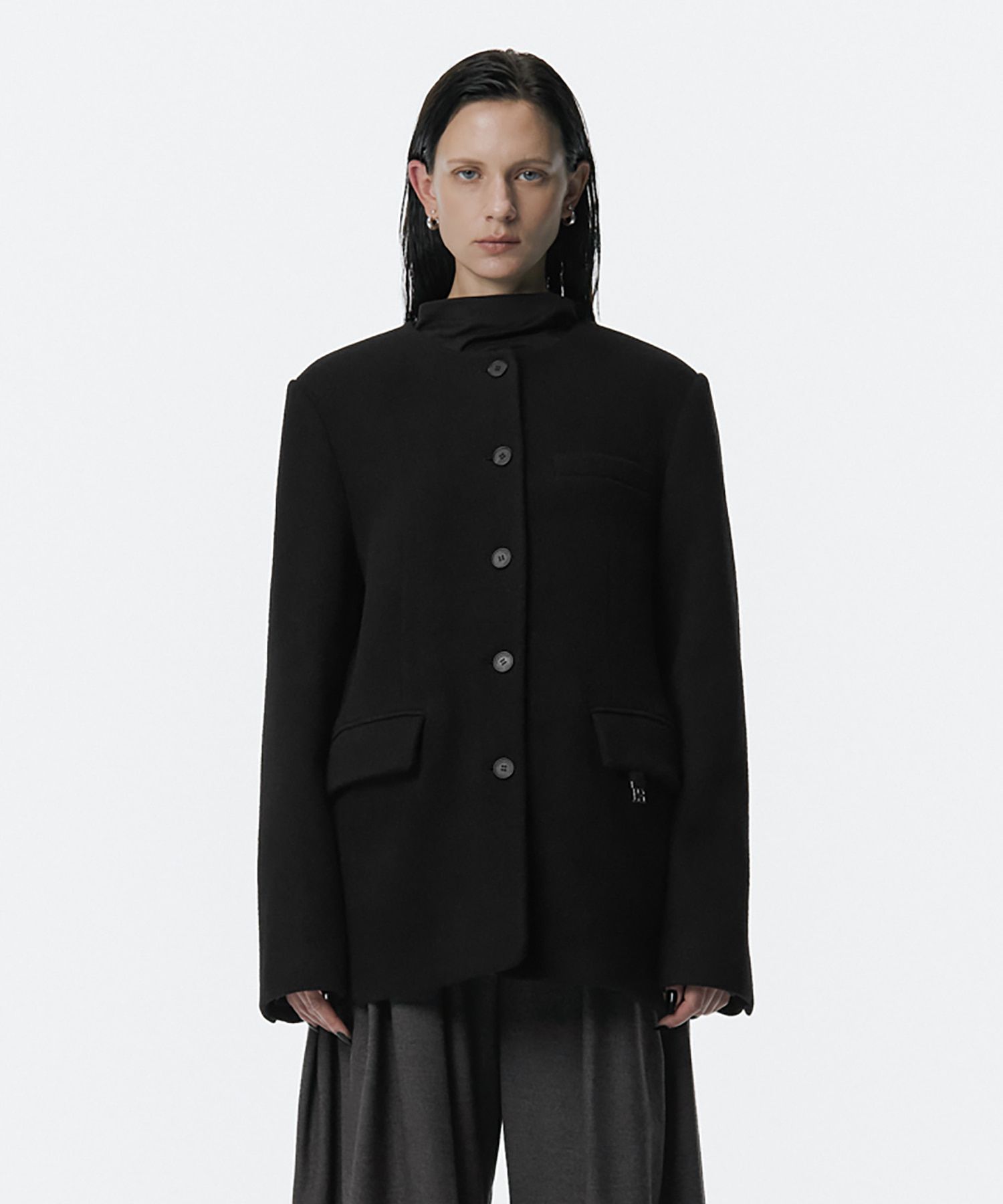 MUSINSA | TREEMINGBIRD Collarless Wool Jacket [ Black ]