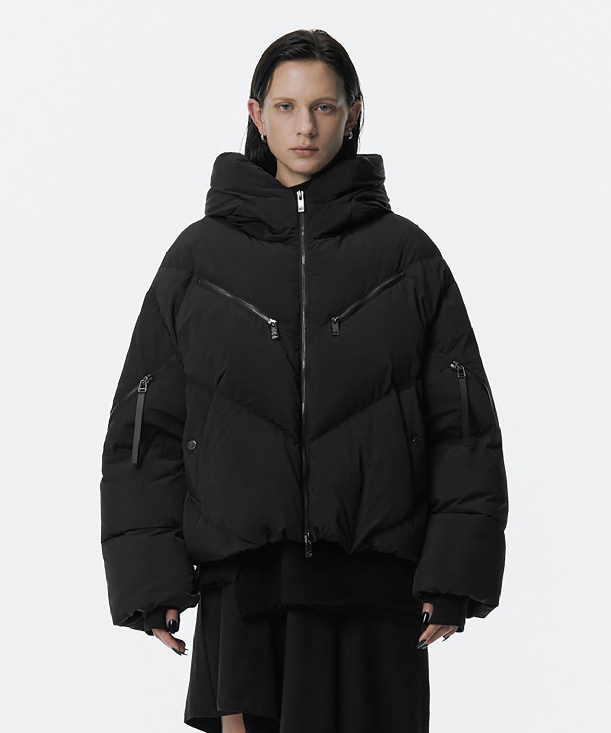 트리밍버드(TREEMINGBIRD) High Neck Hooded Duck Down Padding [ Black ]