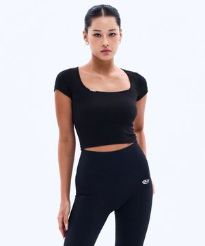 메탈 클립 스퀘어넥 크롭 티셔츠 (BLACK)