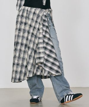 체크 드레이프 프린지 랩 스커트 (블랙)