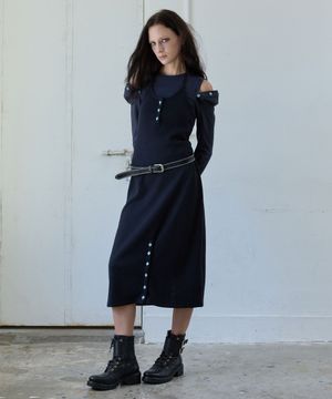 BUTTON HALTER NECK DRESS / black