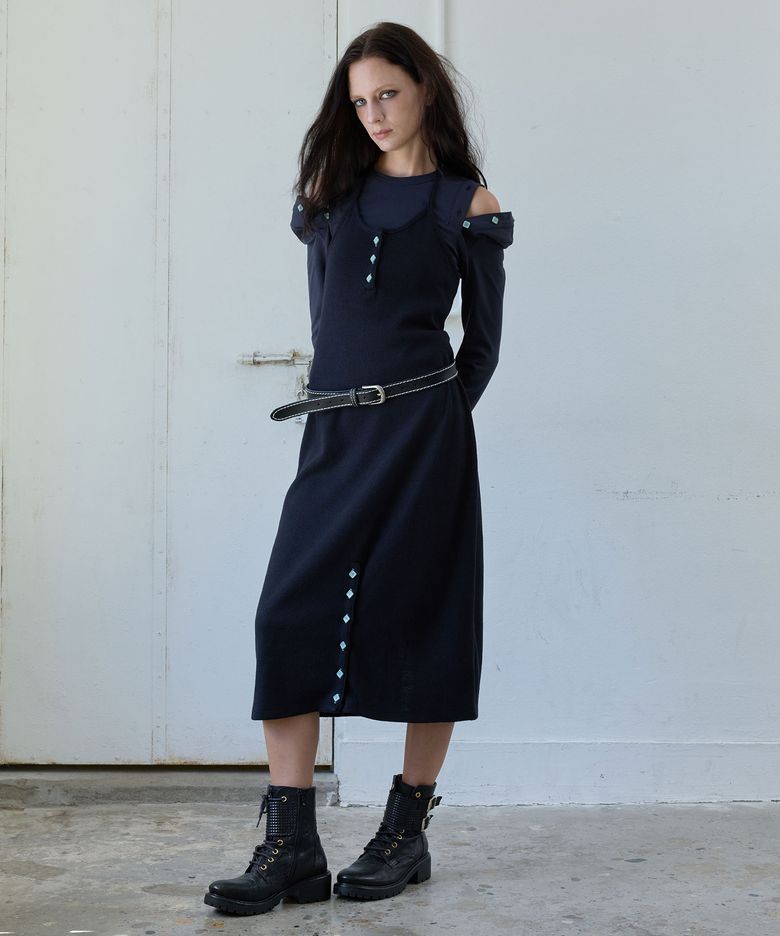 BUTTON HALTER NECK DRESS / black