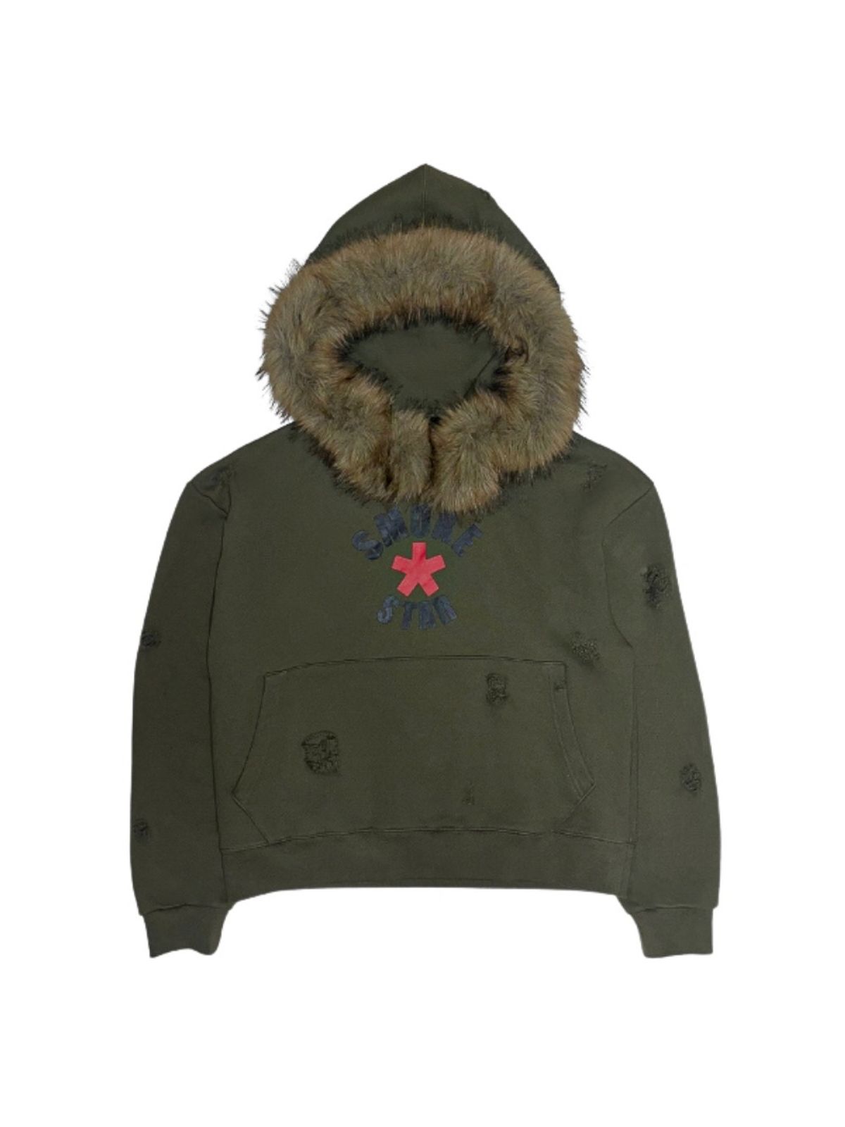 스모크어스타(SMOKEASTAR) Destroyed Fur Crimson Hoodie (KHAKI)