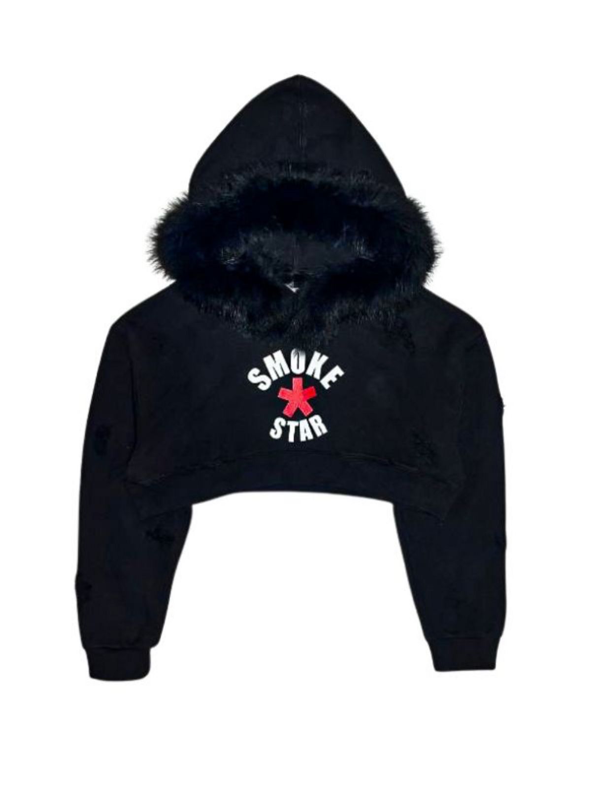 스모크어스타(SMOKEASTAR) Destroyed Fur Half Crimson Hoodie (BLACK)