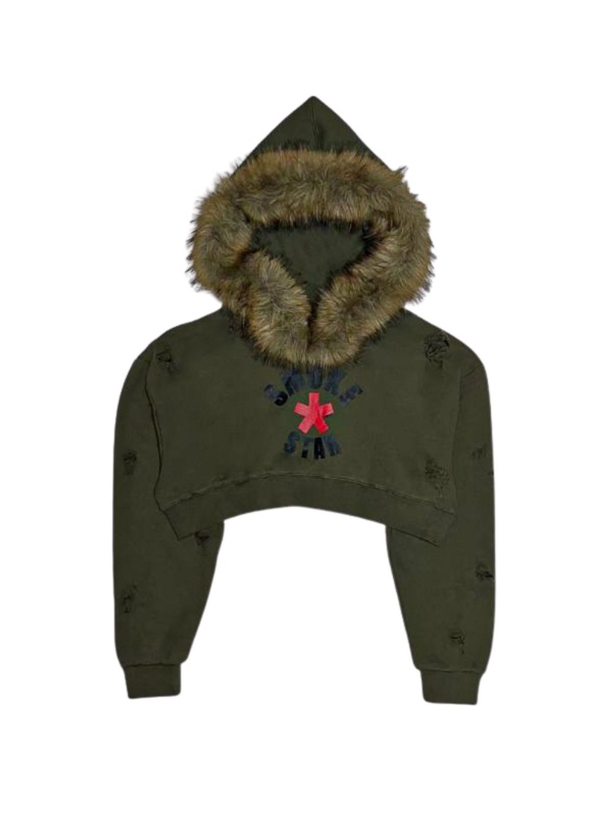 스모크어스타(SMOKEASTAR) Destroyed Fur Half Crimson Hoodie (KHAKI)