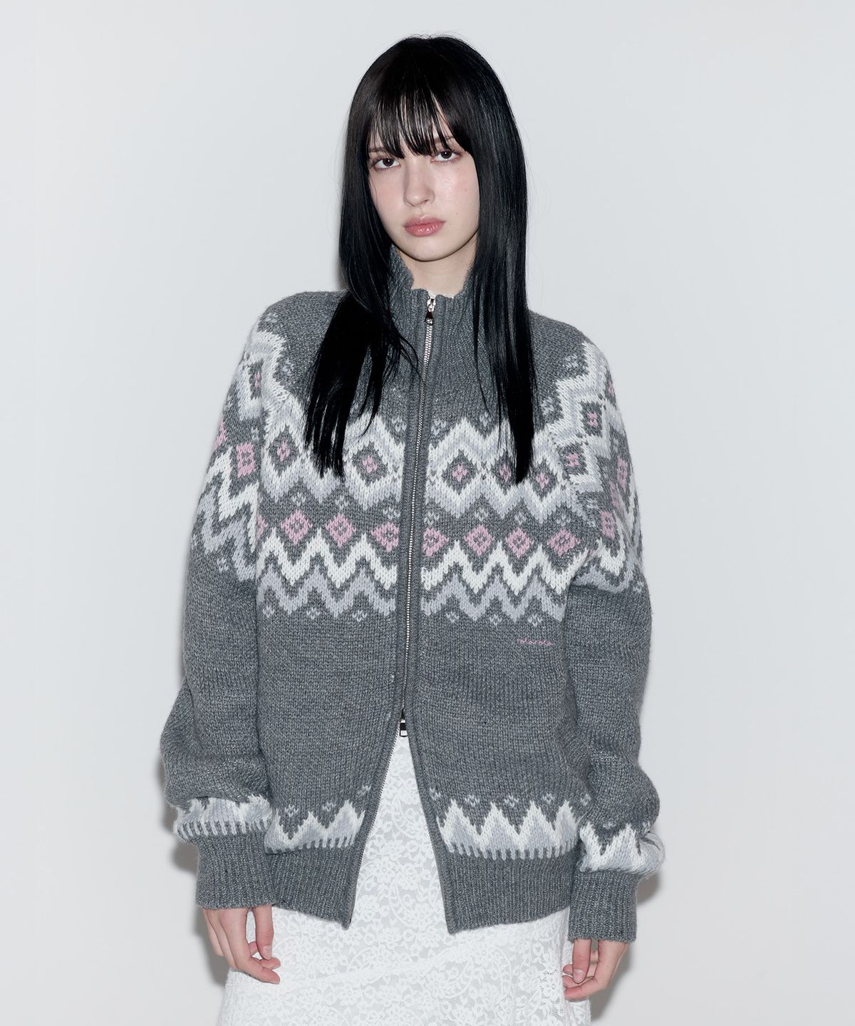 로라로라(ROLAROLA) NORDIC JACQUARD TWOWAY ZIP-UP KNIT GRAY