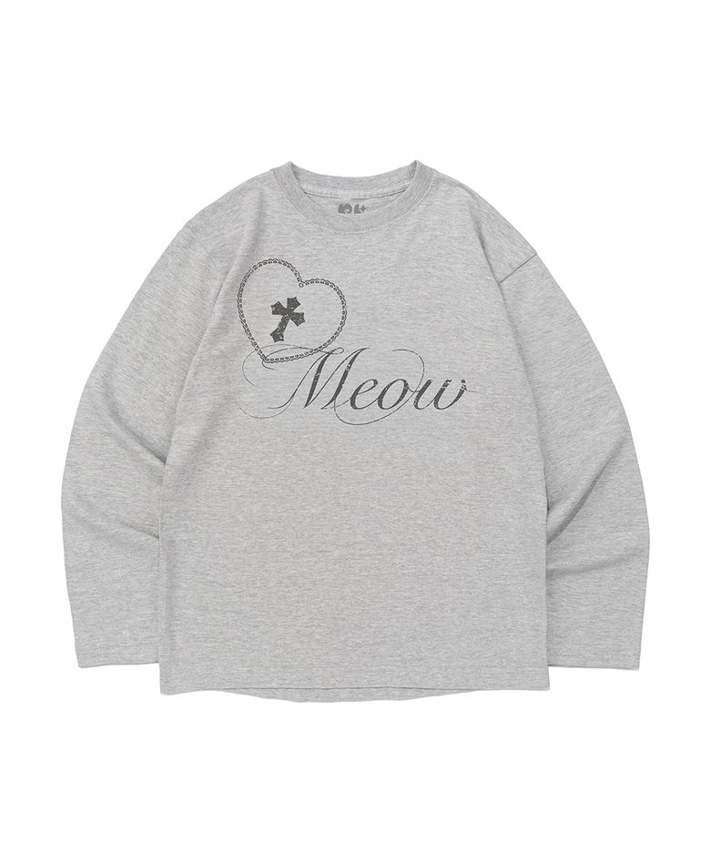 CROSS HEART MEOW PRINT LONG SLEEVE T-SHIRT (MELANGE)