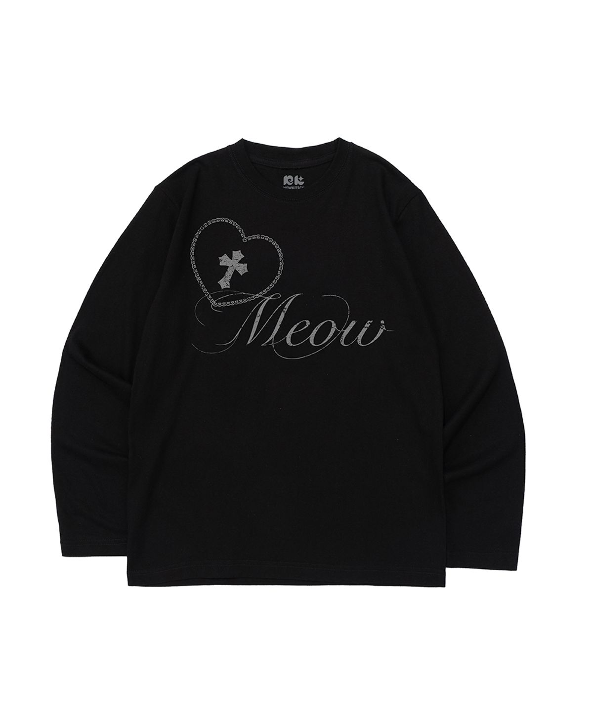 뉴키치(NEWKITSCH) CROSS HEART MEOW PRINT LONG SLEEVE T-SHIRT (BLACK)