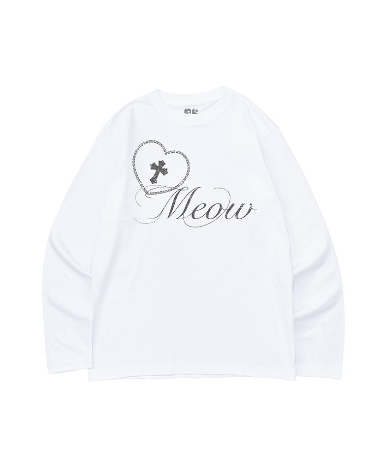 CROSS HEART MEOW PRINT LONG SLEEVE T-SHIRT (WHITE)