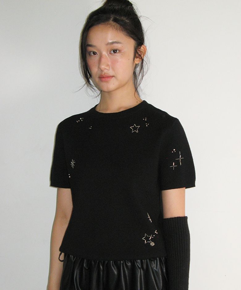 STARRY BEADS SHORT SLEEVE KNIT BLACK