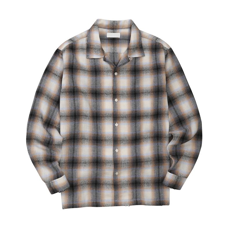 EEERRR Damage washing  over-crop fit check long shirt (Blue)