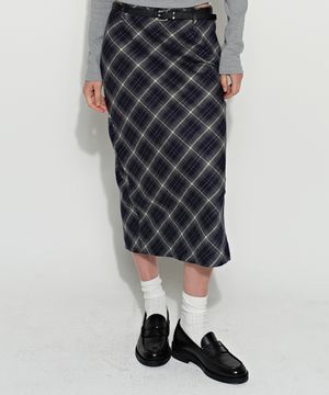 트임 체크 롱 스커트 블루