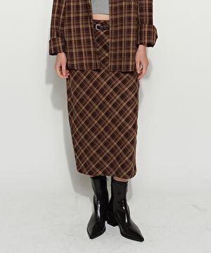 트임 체크 롱 스커트 브라운