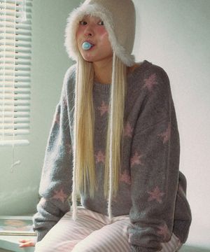 투웨이 별 자가드 니트 (그레이/핑크)